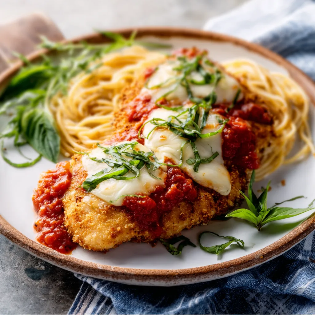 Close-up of golden brown Baked Chicken Parmesan, showcasing the melted mozzarella cheese and crispy breadcrumb coating.