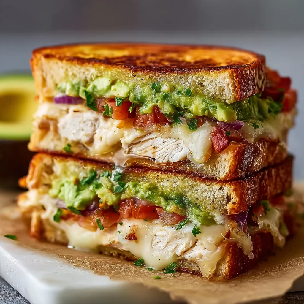 Close-up of a delicious Chicken Avocado Melt Sandwich, showcasing the melted cheese and creamy avocado filling.
