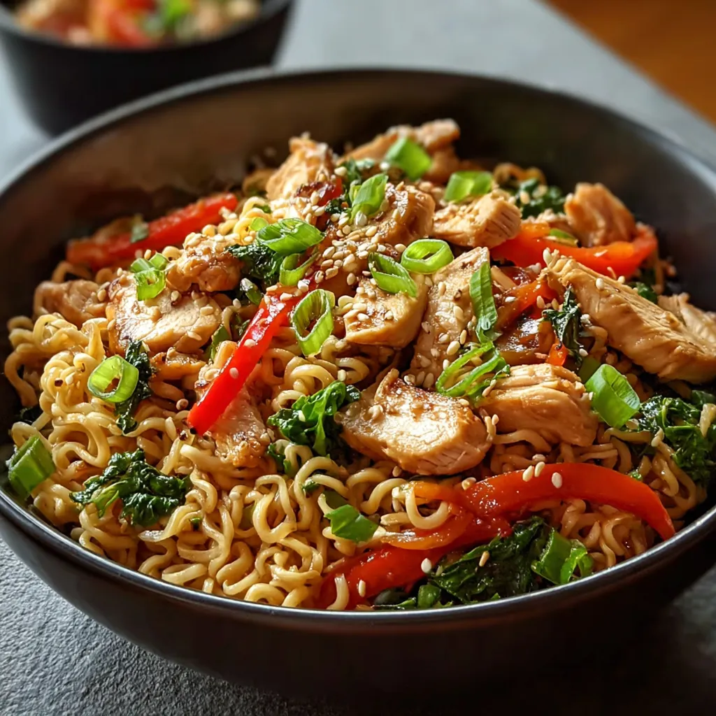 Chicken Ramen Stir Fry Close Up A close-up shot showcases the vibrant colors and textures of the prepared Chicken Ramen Stir Fry dish.