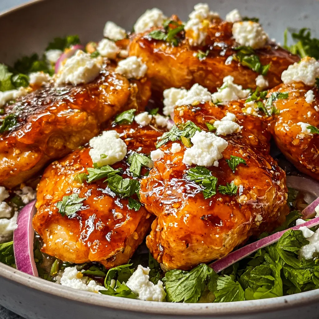 Hot Honey Feta Chicken Recipe A close-up shot showcases a juicy piece of Hot Honey Feta Chicken, revealing its golden-brown crust and the creamy feta cheese topping.