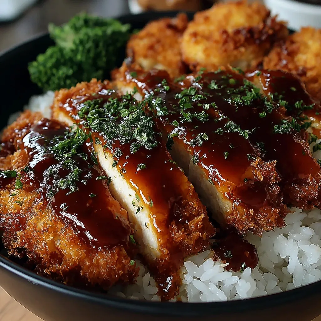 Close-up of delicious Japanese Katsu Bowls with crispy breaded pork cutlet and savory sauce.