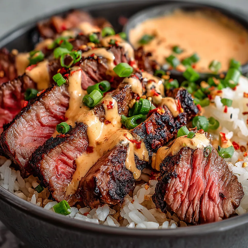 Close-up of vibrant Korean BBQ Steak Bowls showcasing tender marinated steak, colorful vegetables, and a glistening sauce.