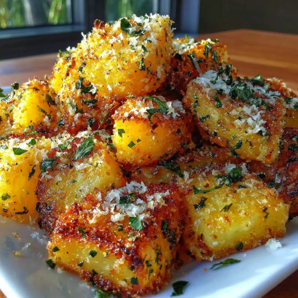 Close-up of golden brown Parmesan Potatoes, showcasing their crispy texture and cheesy topping.