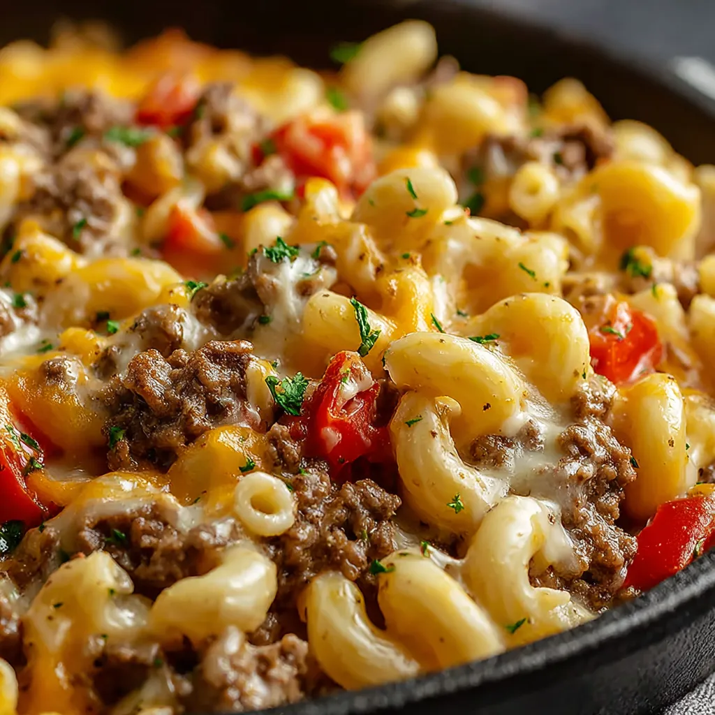 A close-up shot showcases a delicious Philly Cheesesteak Mac, highlighting the cheesy pasta and savory steak toppings.