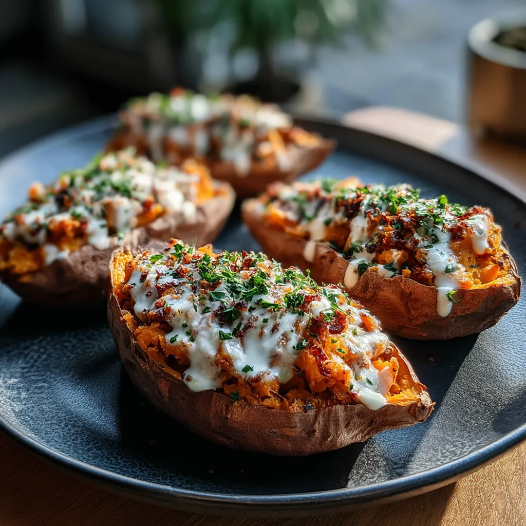 Close-up shot showcasing delicious baked Sweet Potato Boats, ready to be served as a healthy and flavorful meal.