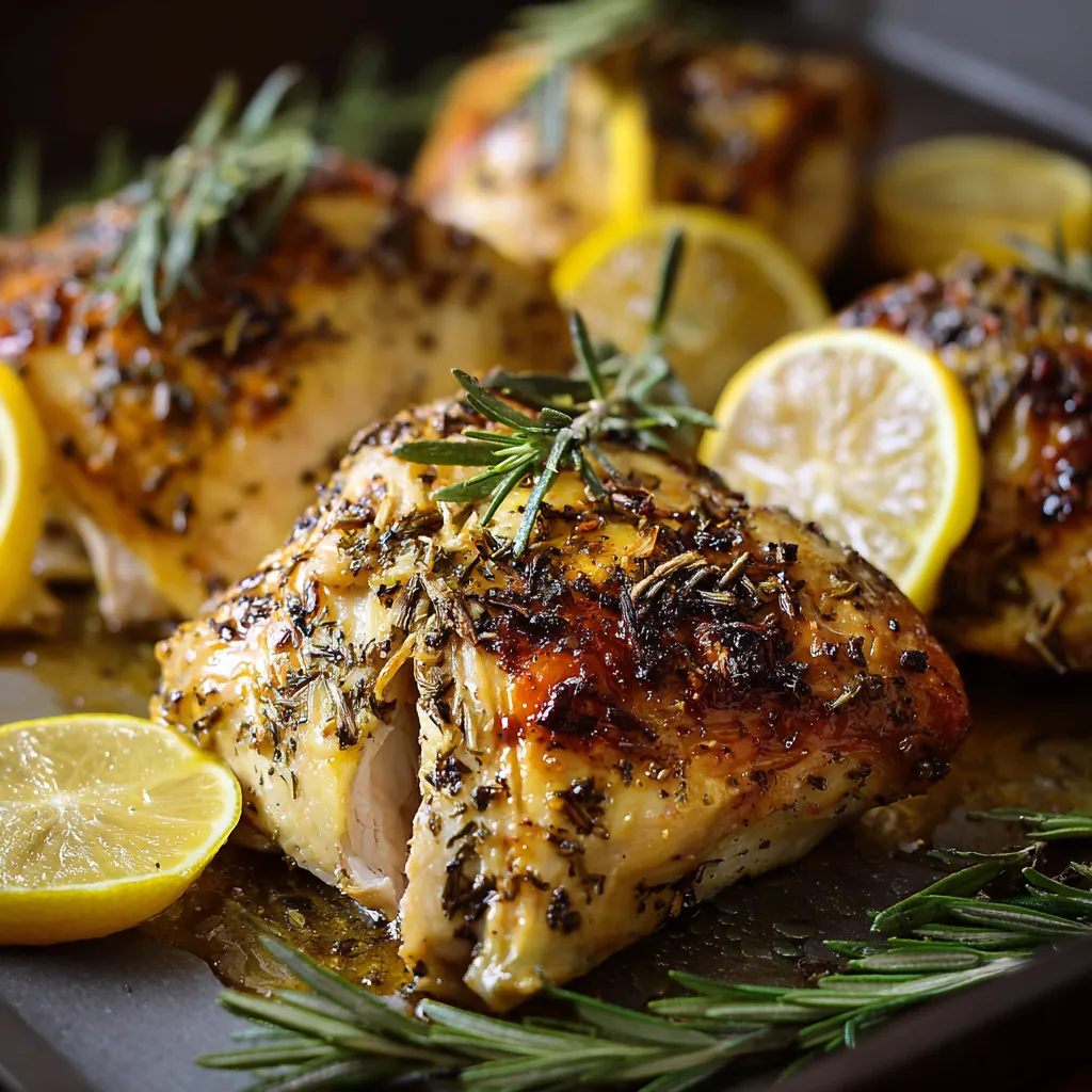 Close-up of the delicious Rosemary Lemon Split Roast Chicken, showcasing its golden-brown skin and flavorful herbs.