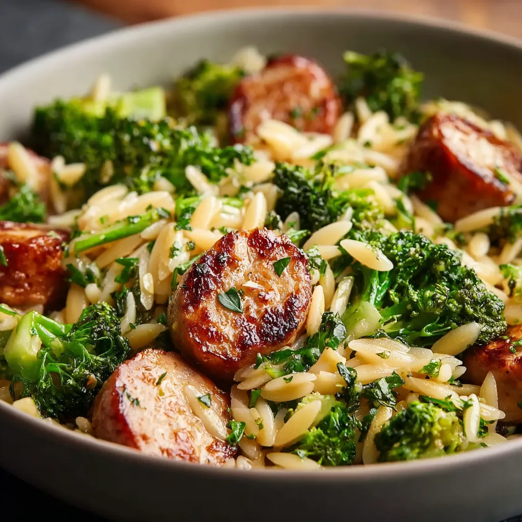Chicken Sausage Orzo Recipe Close-Up A close-up shot showcases a vibrant bowl of Chicken Sausage Orzo, highlighting the pasta, sausage slices, and colorful vegetables.