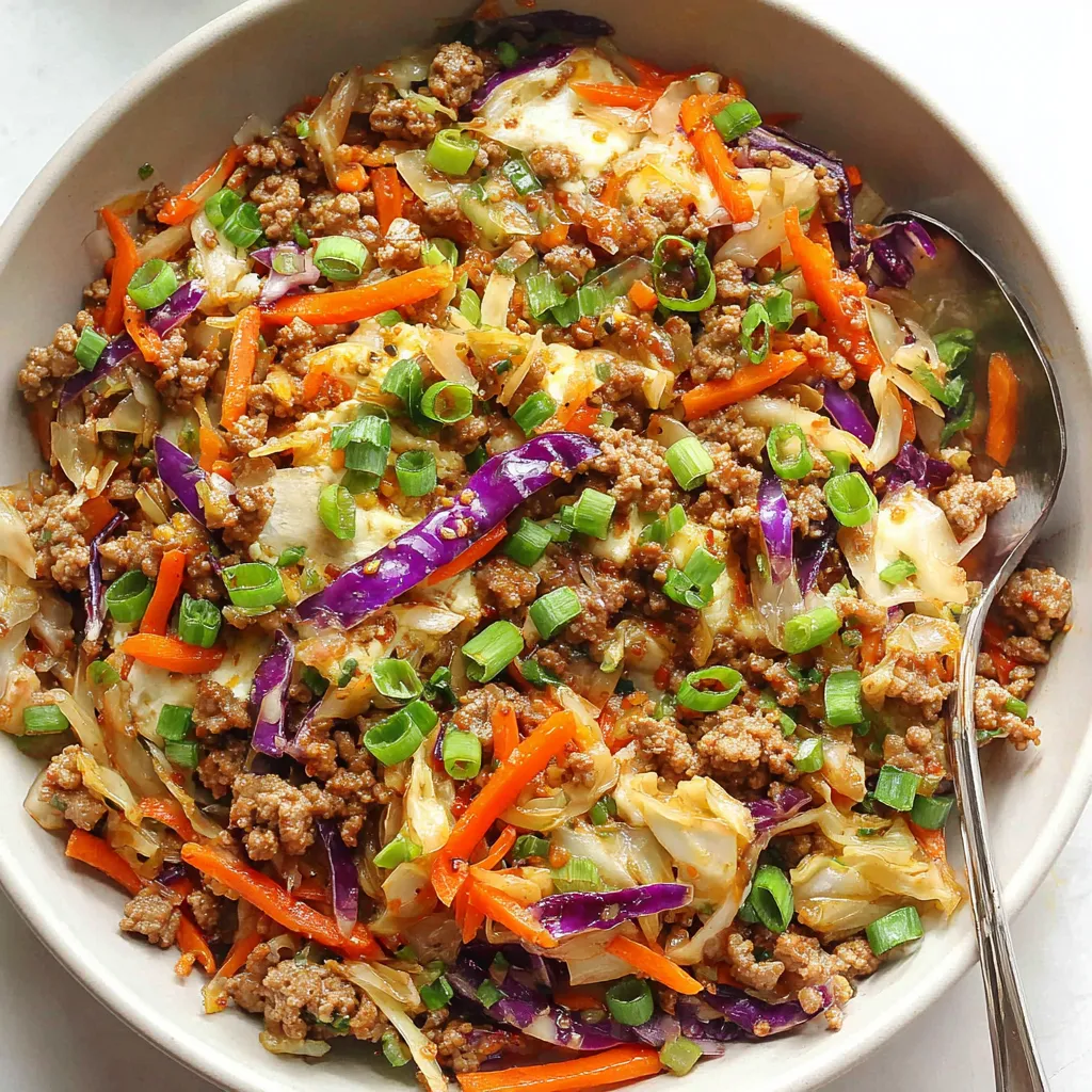 A close-up shot of a freshly made Egg Roll In A Bowl, showcasing the vibrant colors and textures of the ingredients.