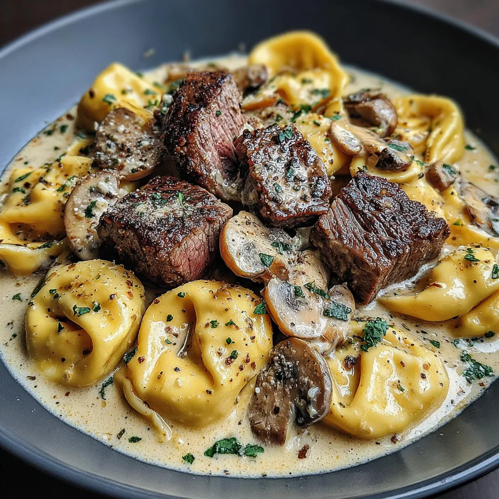 A close-up shot of a plate of delicious Garlic Steak Tortellini, showcasing the creamy sauce and perfectly cooked steak.