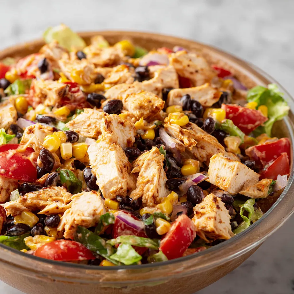 Close-up of a delicious Southwest Chicken Salad featuring grilled chicken, corn, black beans, and a creamy dressing.