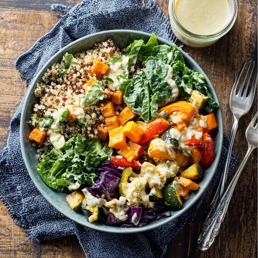 Close-up of a colorful and healthy Quinoa Vegetable Bowl featuring a variety of fresh vegetables.