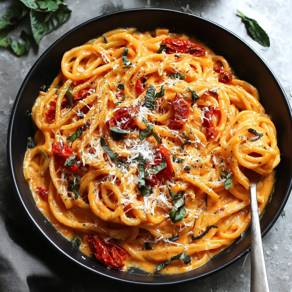 Close-up shot of a bowl of creamy Roasted Red Pepper Pasta, showcasing its vibrant color and delicious texture.