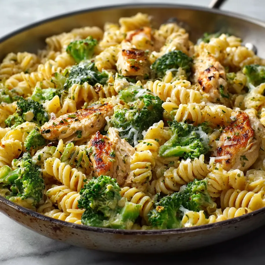 A close-up shot of freshly prepared Rotisserie Chicken Broccoli Pasta in a bowl, showcasing the creamy sauce and tender chicken.