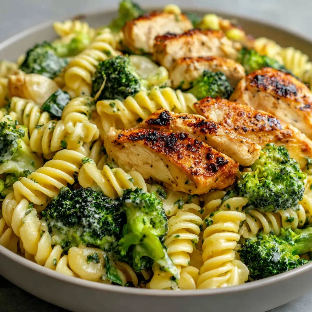 Close-up shot of a serving of creamy Rotisserie Chicken Broccoli Pasta in a white bowl.