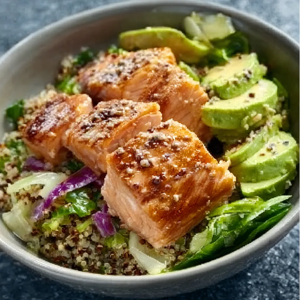 Close-up of a vibrant Salmon Quinoa Bowl featuring flaky salmon, fluffy quinoa, and colorful vegetables.