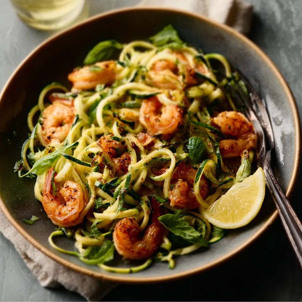 Close-up view of Shrimp Zucchini Noodles, showcasing the vibrant colors and textures of the dish.