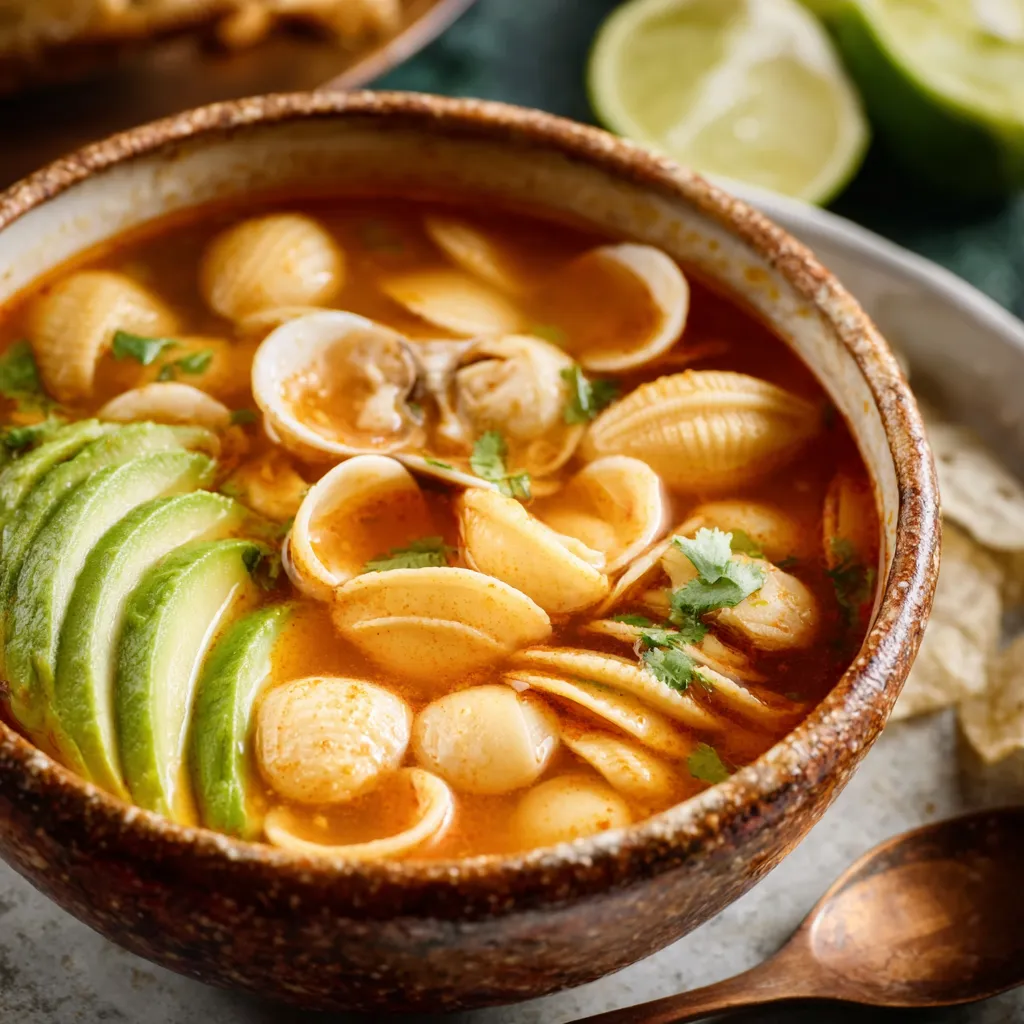 A close-up shows a vibrant bowl of Spicy Mexican Sopa De Conchas, featuring shell pasta in a rich, red broth with visible spices and garnishes.