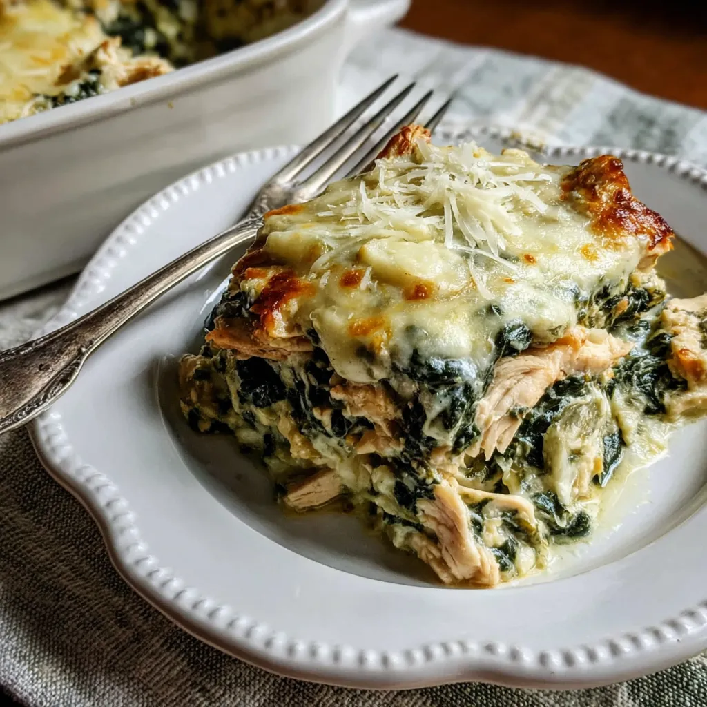 Close-up view of a creamy and bubbly Spinach Artichoke Chicken Casserole after baking, showcasing the golden-brown topping.