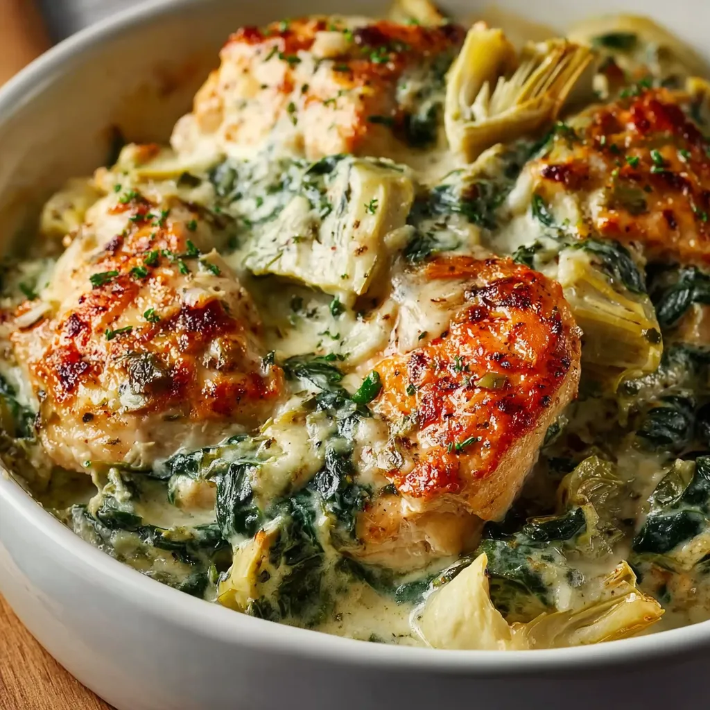 Close-up of a creamy and bubbly Spinach Artichoke Chicken Casserole, showcasing the golden-brown topping and visible spinach and artichoke pieces.