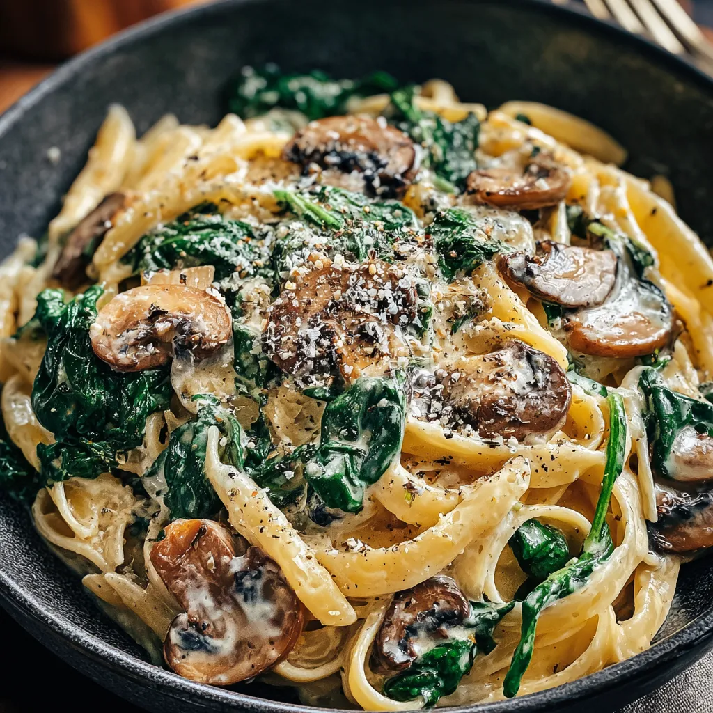 Close-up of creamy Spinach Mushroom Pasta with spinach and mushrooms visible in the sauce.