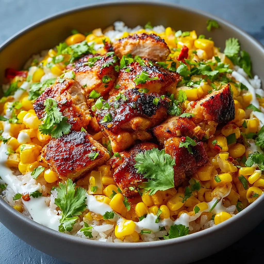 Close-up of a delicious Street Corn Chicken Rice Bowl with visible grilled chicken, vibrant corn, and creamy sauce.