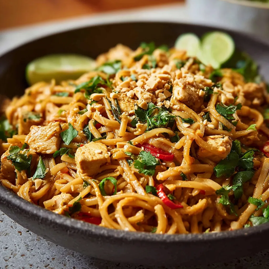 Close-up of delicious Thai Chicken Peanut Noodles, showcasing the vibrant colors and textures of the dish.