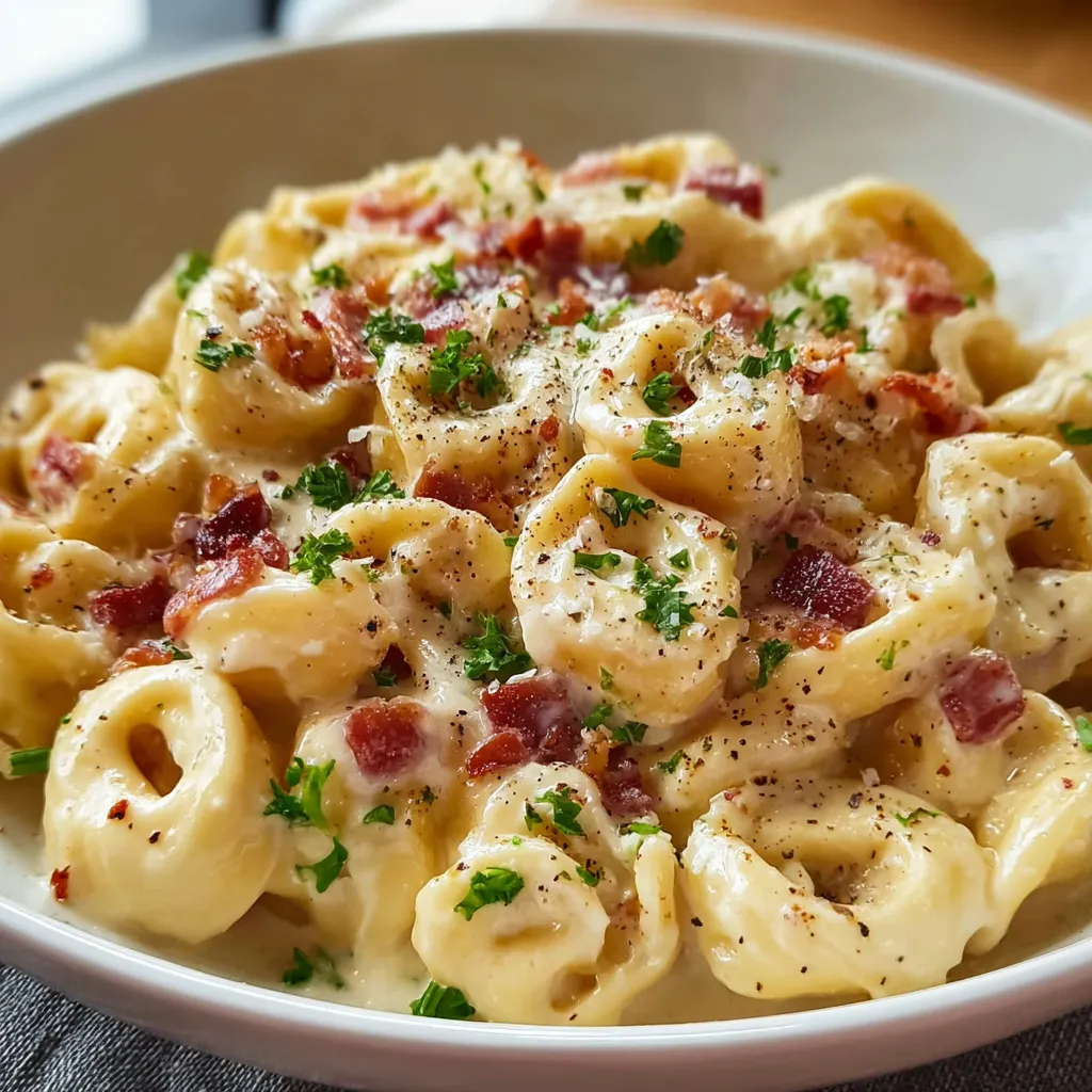 Close-up shot showcasing creamy Tortellini Carbonara with visible parmesan and pepper.