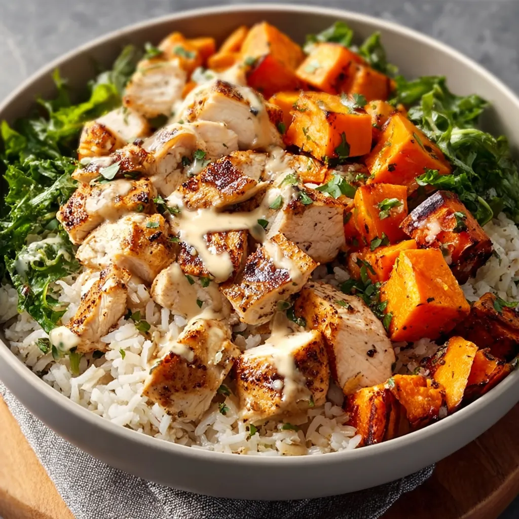 Close-up of a delicious Chicken Sweet Potato Rice Bowl with visible chunks of chicken, sweet potato, and fluffy rice.