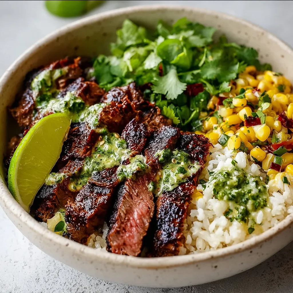 Close-up of vibrant Cilantro Lime Steak Bowls, showcasing the juicy steak, fresh cilantro, and zesty lime.