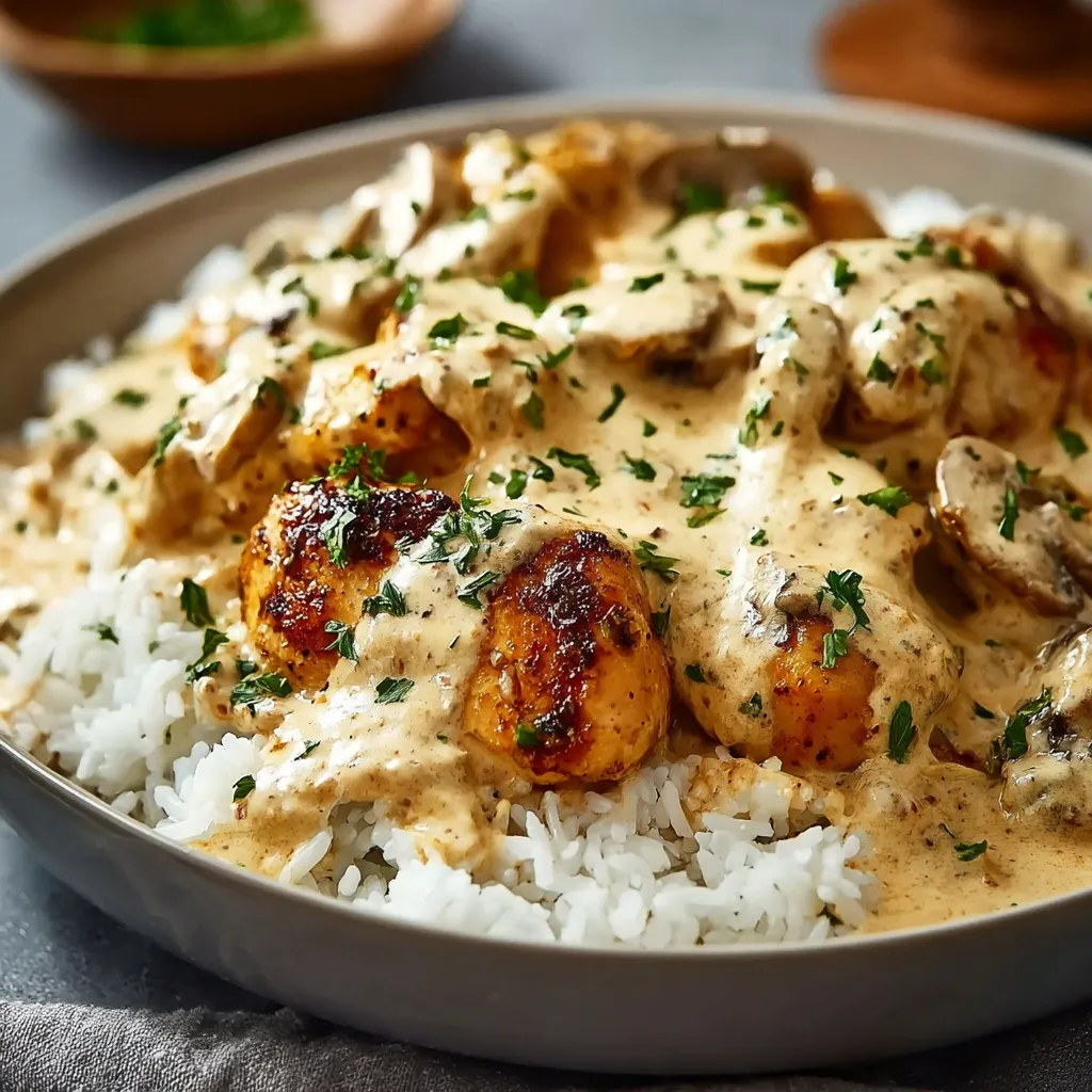 Creamy Smothered Chicken And Rice is pictured in this delicious close-up shot, showcasing its creamy sauce and tender chicken.