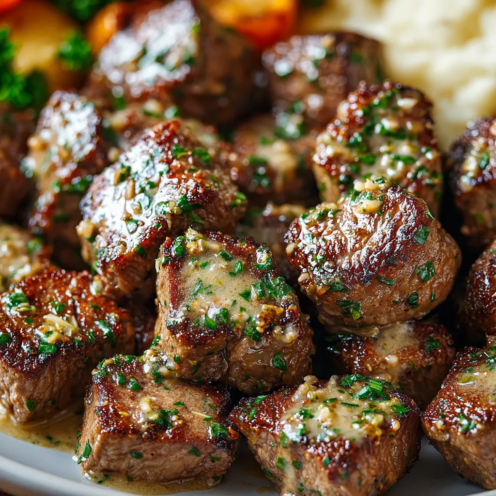 Close-up shot of juicy Garlic Butter Steak Bites sizzling in a pan, showcasing their golden-brown crust.