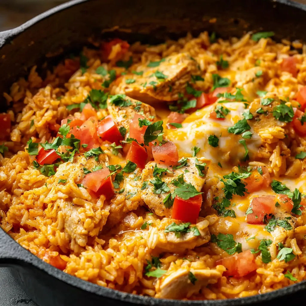 Delicious Queso Chicken And Rice, ready to be served in a comforting and flavorful dish.