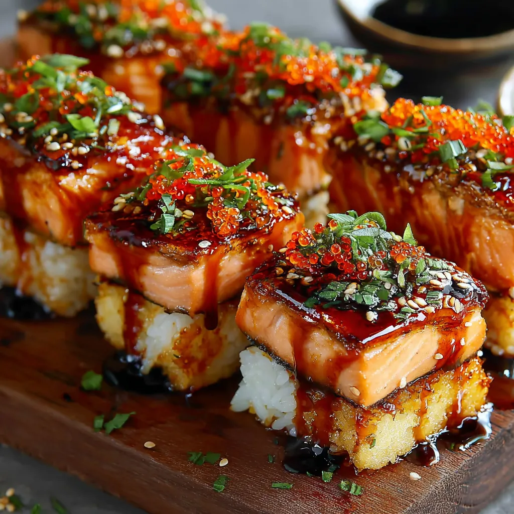 Close-up shot of a freshly baked Salmon Sushi Bake, showcasing its layers and golden-brown top.