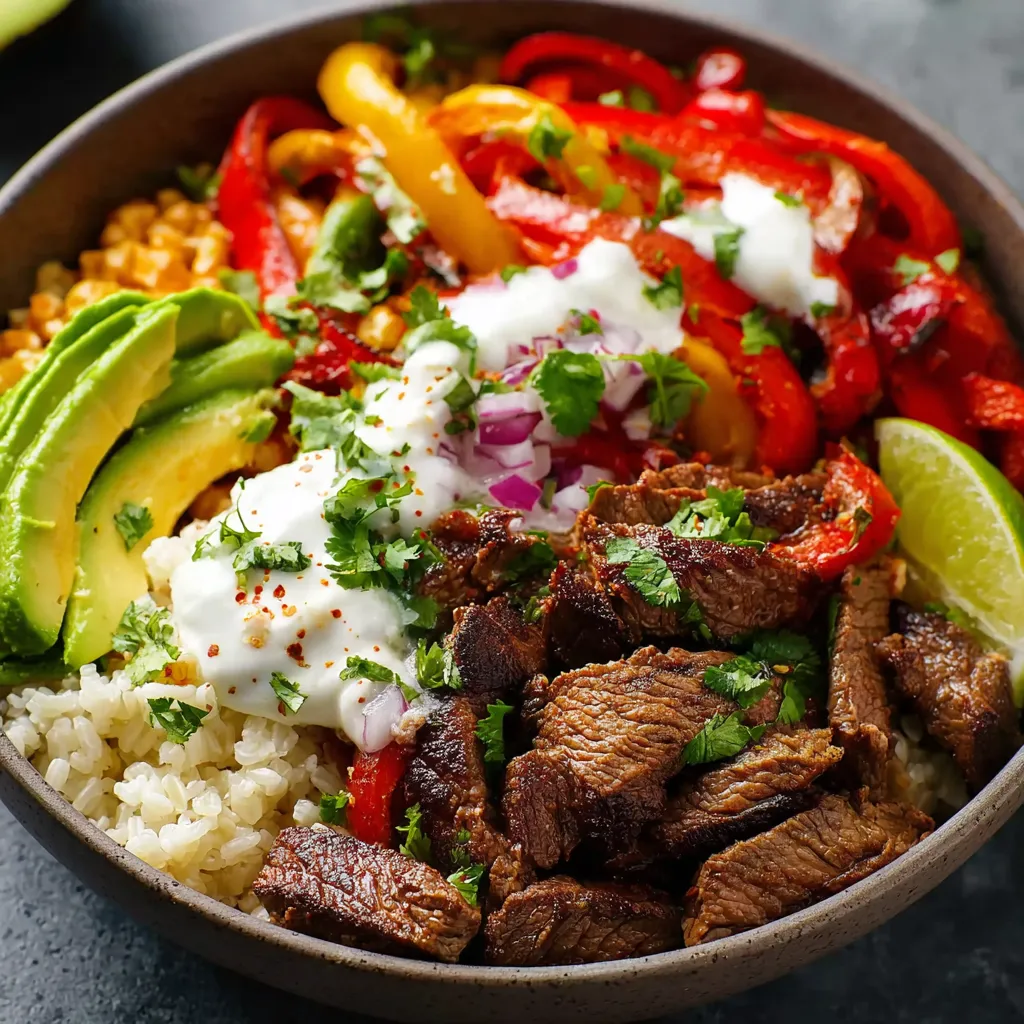 Close-up shot of a delicious Steak Fajita Bowl with grilled steak, colorful bell peppers, onions, and toppings.