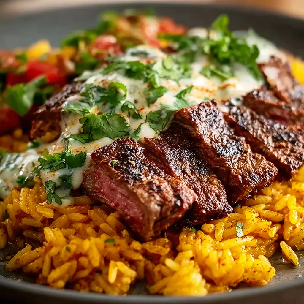 Close-up of a delicious bowl of Steak & Queso Rice, showcasing the melted cheese and tender steak.