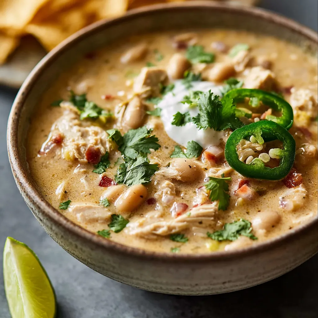 A close-up shot showcases a steaming bowl of creamy White Chicken Chili, garnished with cilantro and a dollop of sour cream.