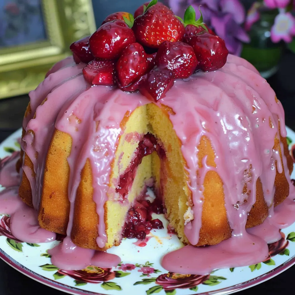 Strawberry Cheesecake Pound Cake – Rich, Creamy Bakery-Style Dessert 2 lina033321 Round vanilla bundt style cake on a floral pattern 5820aebc d9e0 41ce b2eb fa842a0b0ff4 2 - Strawberry Cheesecake Pound Cake – Rich, Creamy Bakery-Style Dessert