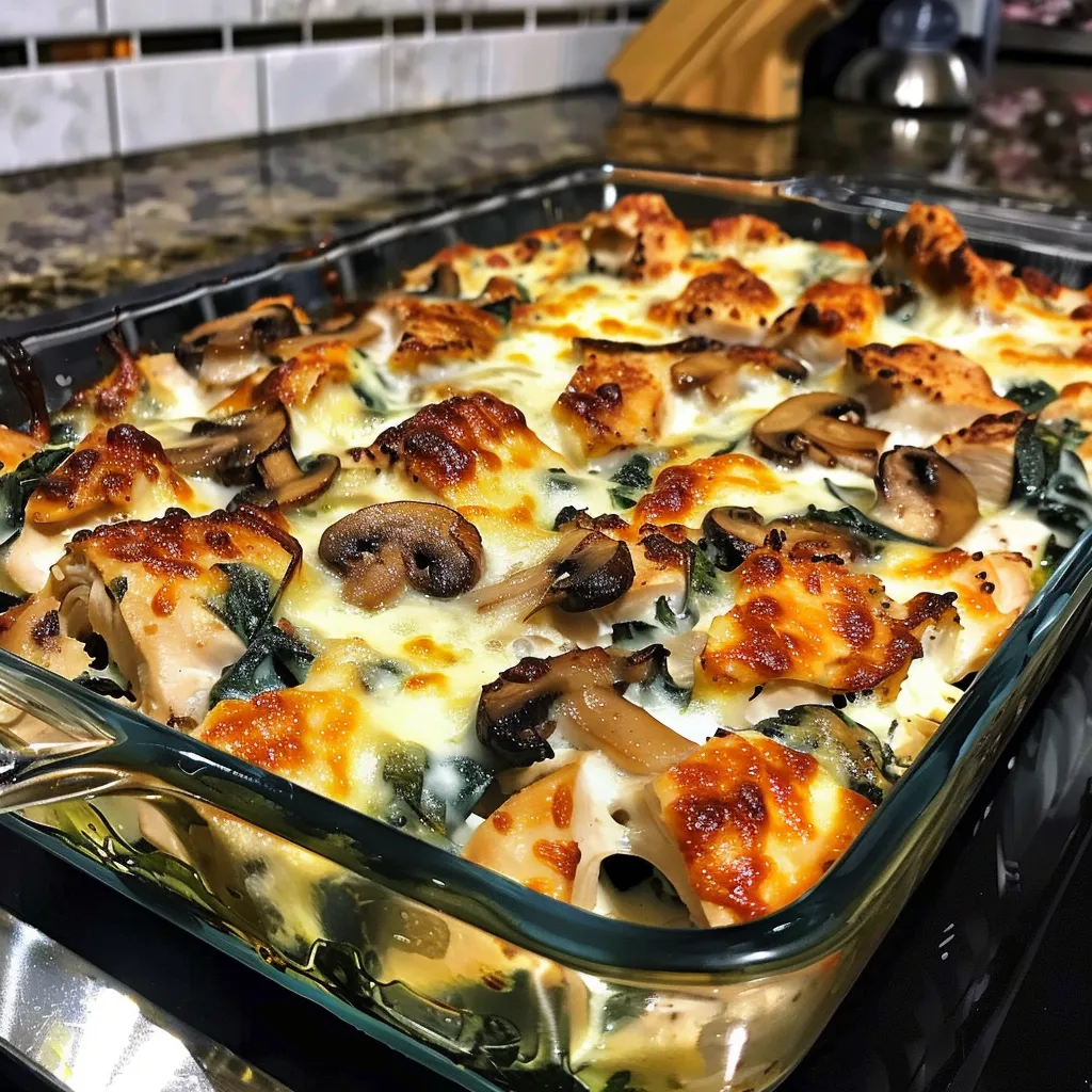 lina033321 cheesy baked chicken and spinach casserole in a cl 95c319b2 fbdb 4b15 9d05 afc151cca103 0 - Chicken Spinach and Mushroom Low Carb Oven Dish – Easy 1-Pan Wonder