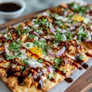 AMAZING HIGH PROTEIN BBQ CHICKEN FLATBREAD 2 High Protein BBQ Chicken Flatbread features a delicious and visually appealing flatbread topped with BBQ chicken and other high-protein ingredients.
