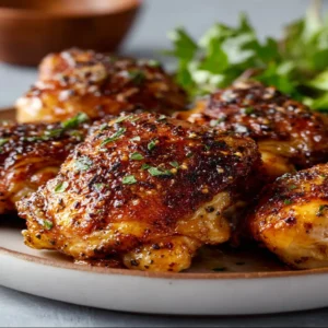 BEST BAKED CHICKEN THIGHS 2 Juicy Baked Chicken Thighs are presented as the featured image, showcasing their crispy skin and delicious appearance.