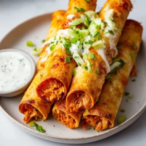 BEST BUFFALO CHICKEN TAQUITOS 2 Close-up shot showcases delicious Buffalo Chicken Taquitos, the featured image for the recipe.