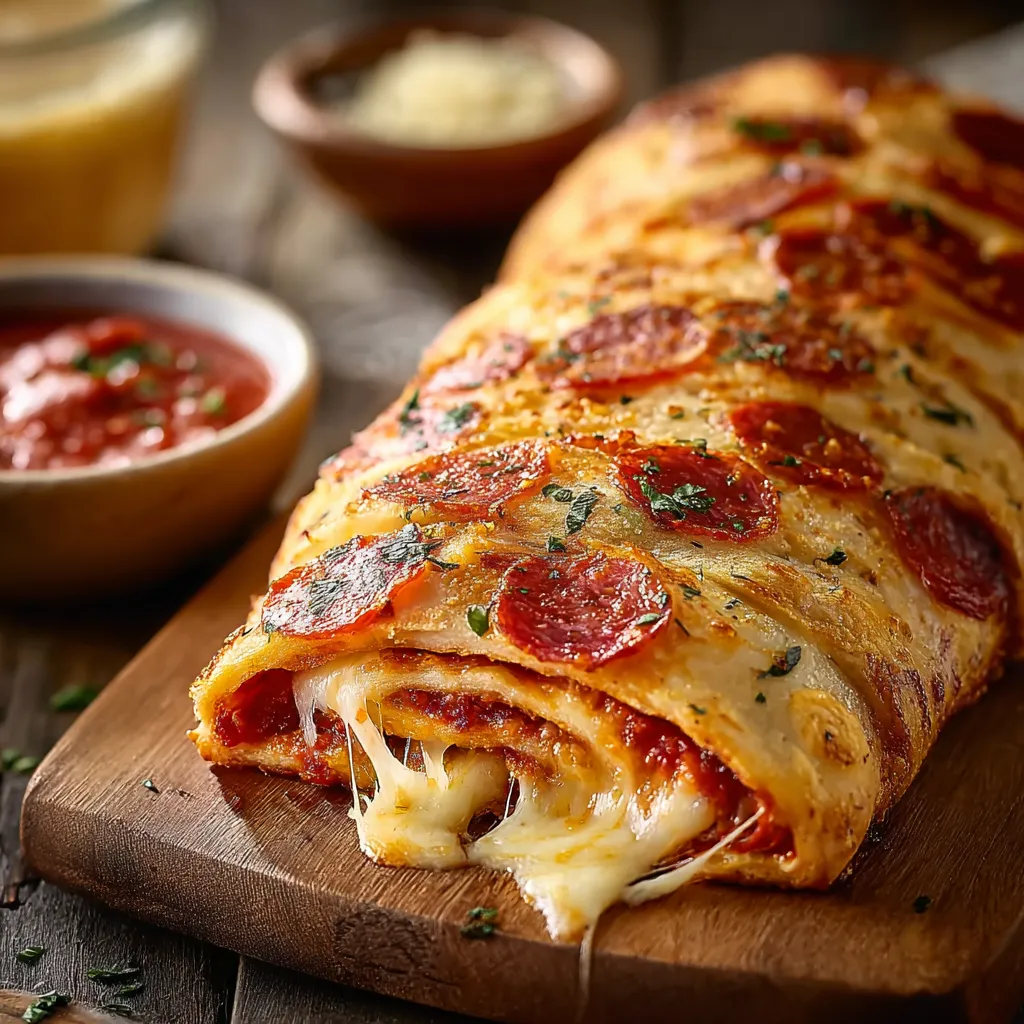 BEST CHEESY PEPPERONI STROMBOLI EVER 1 A delicious Cheesy Pepperoni Stromboli is featured in this mouthwatering image.