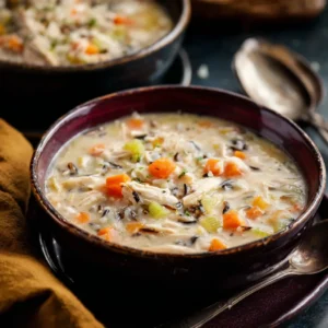 BEST CHICKEN & WILD RICE SOUP 2 A comforting bowl of creamy Chicken & Wild Rice Soup is shown as a featured image.