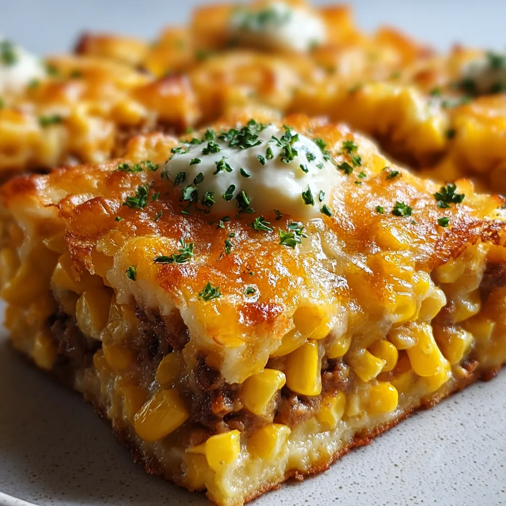 BEST CORN CHEDDAR CORN CASSEROLE 1 A close-up showcases the creamy and cheesy texture of a freshly baked Corn Cheddar Corn Casserole.