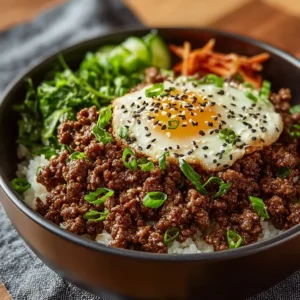 BEST KOREAN GROUND BEEF BOWL 2 A delicious Korean Ground Beef Bowl is pictured as the featured image for the recipe.