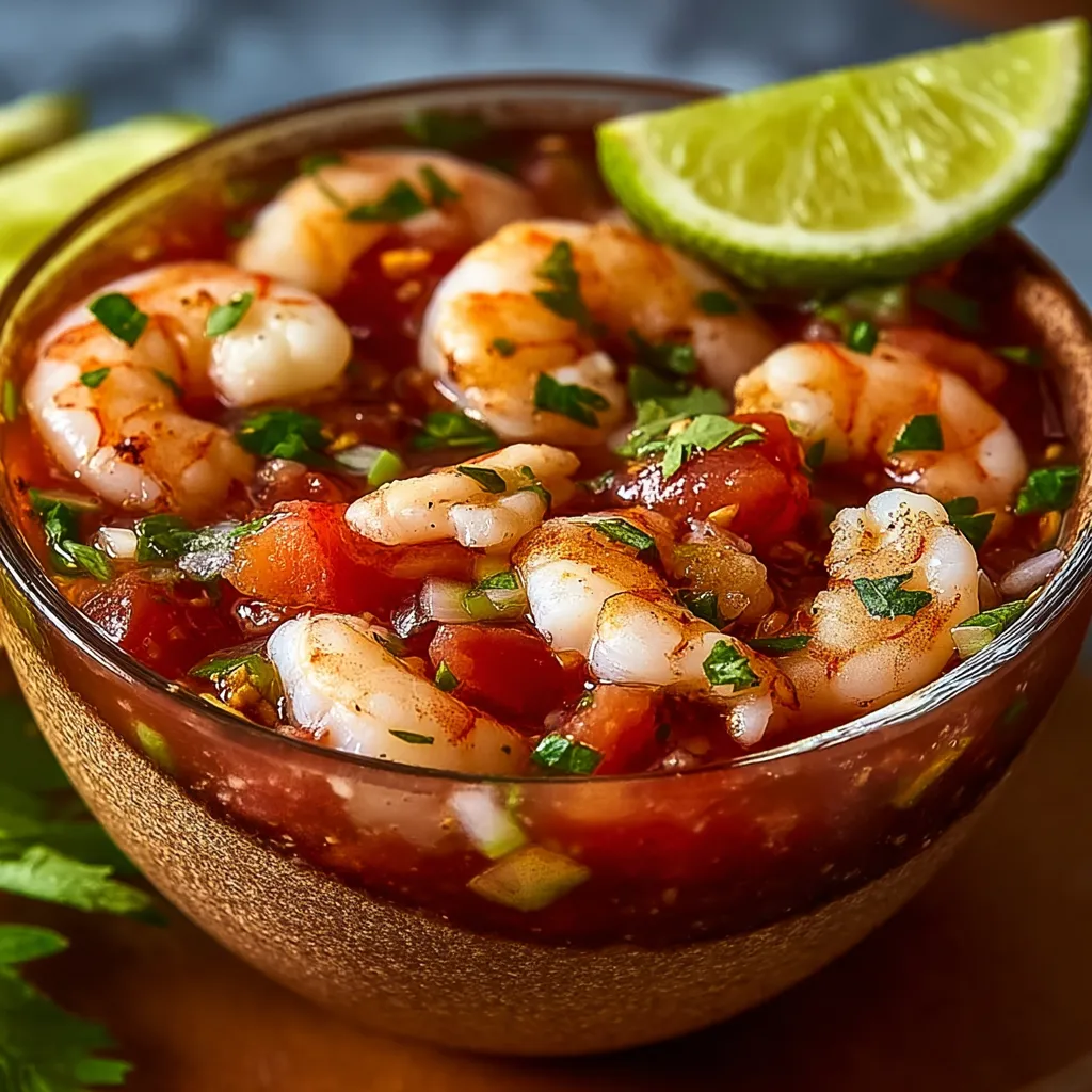 BEST MEXICAN SHRIMP COCKTAIL EVER 1 A vibrant Mexican Shrimp Cocktail overflowing with plump shrimp, fresh vegetables, and a tangy tomato-based sauce.
