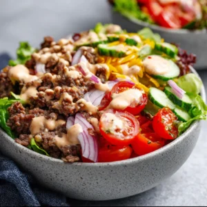 A close-up featured image showcases a delicious and healthy Burger In A Bowl with fresh toppings.