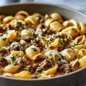 CREAMY BEEF AND SHELLS EASY 2 Creamy Beef And Shells featured image shows a delicious and comforting pasta dish with ground beef and creamy sauce.