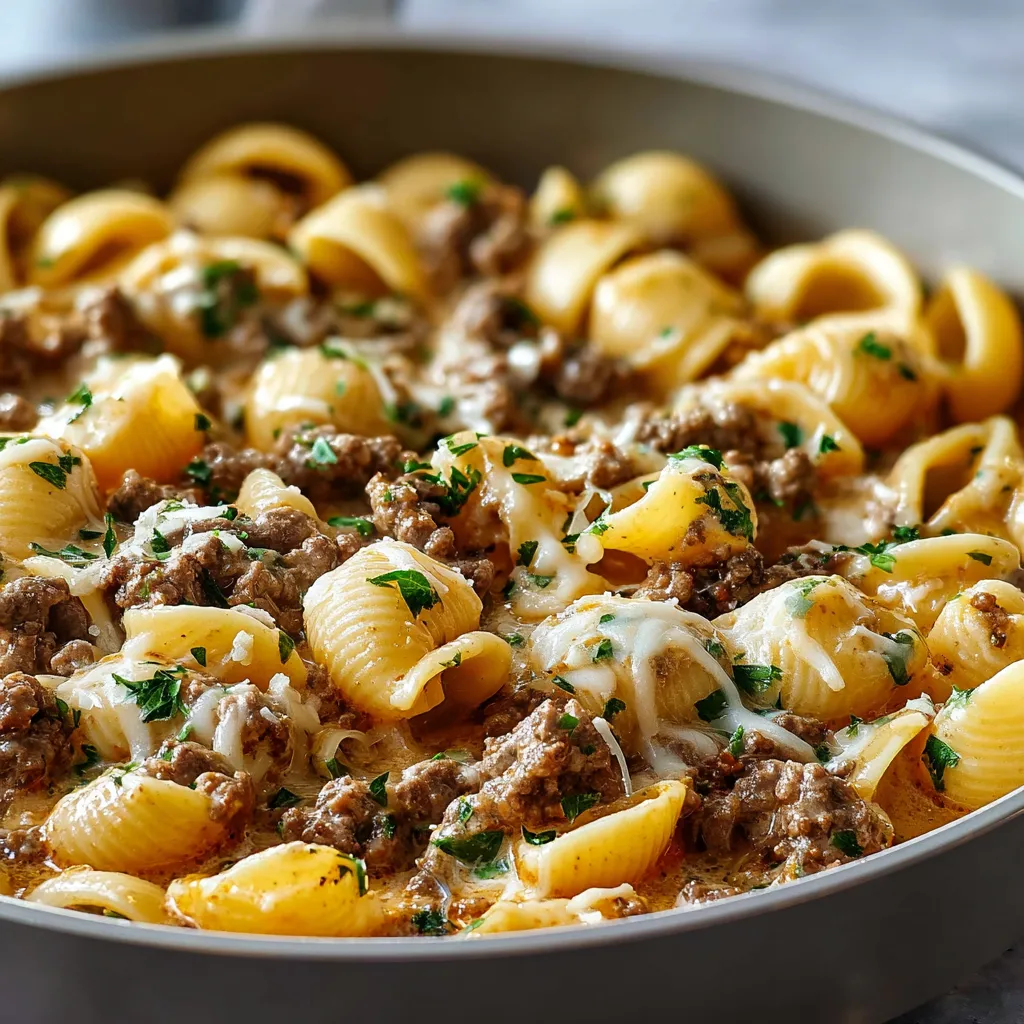 CREAMY BEEF AND SHELLS EASY 1 Creamy Beef And Shells featured image shows a delicious and comforting pasta dish with ground beef and creamy sauce.