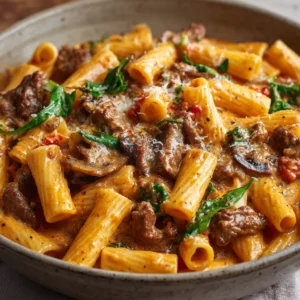 CREAMY BEEF PASTA ULTIMATE EASY 2 A delicious bowl of Creamy Beef Pasta is shown as the featured image for a recipe.